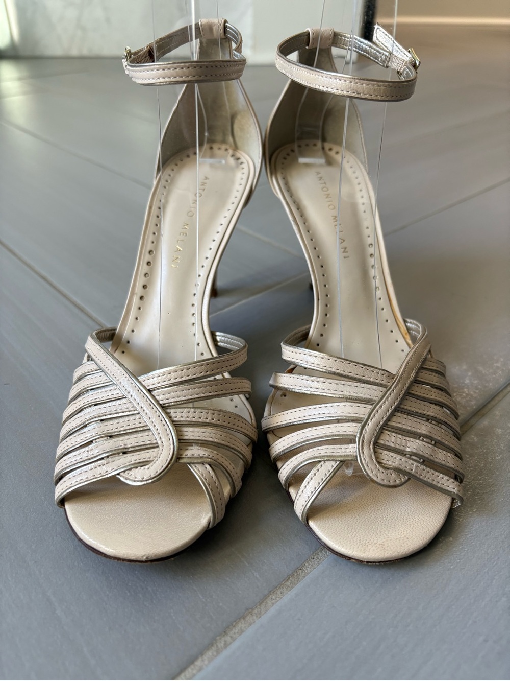 ANTONIO MELANI Blair Sandals | Bone & Silver Strappy Open-Toe Heels - Picture 5 of 9